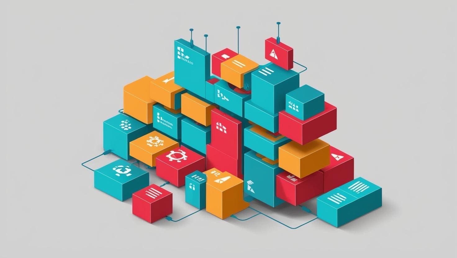 3D-render van een modulair systeem met kleurrijke, verbonden bouwblokken in rood, blauw en geel, elk met iconen die digitale services en componenten symboliseren, als visuele representatie van composable commerce.