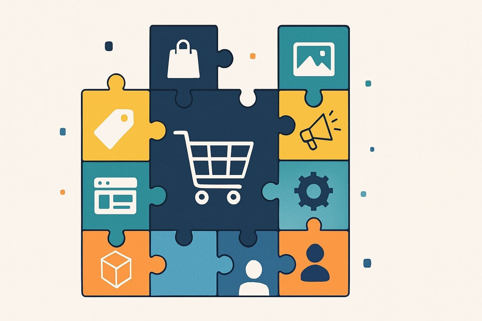 Illustratie van een puzzel met e-commercegerelateerde iconen, zoals een winkelwagen, prijskaartje, tandwiel en gebruikerspictogrammen, die de modulaire en flexibele aanpak van composable commerce symboliseren.